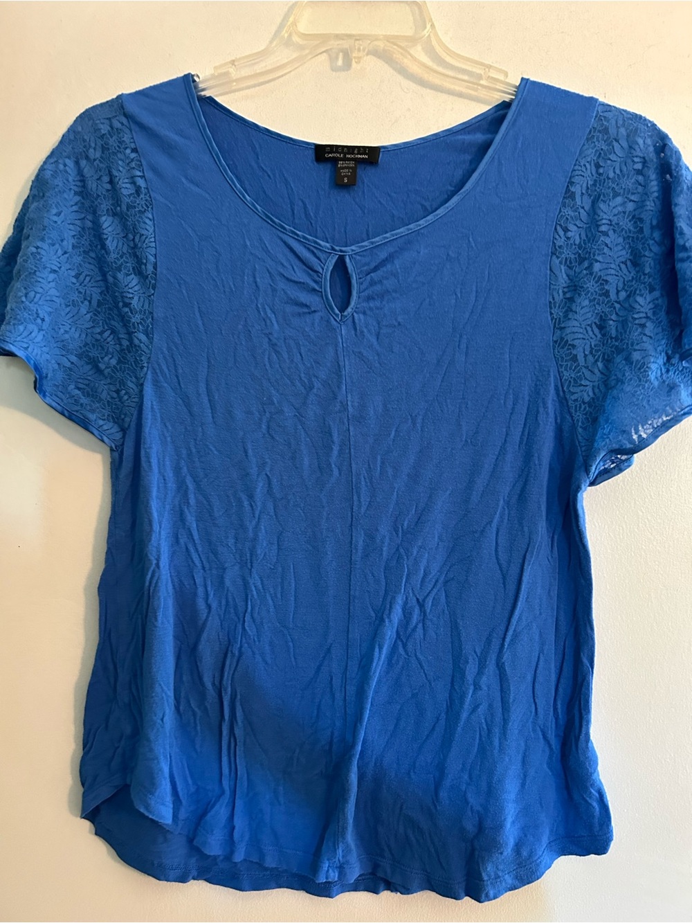 Midnight by Carole Hochman Blue Short Sleeve Keyhole Lace Sleeve Top